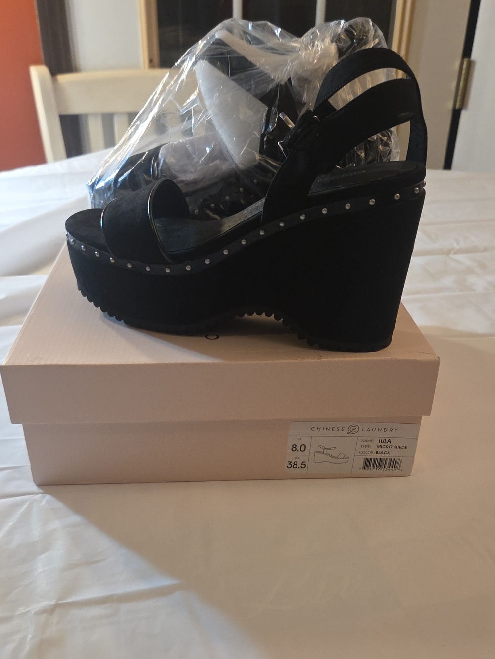 Chinese Laundry Black Studded Platform Wedge Sandals.  New.  Size 8